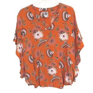 Ivu Jane Orange Desert Flower Sombrero Print Cute Breezy  Rayon Poncho Blouse L
